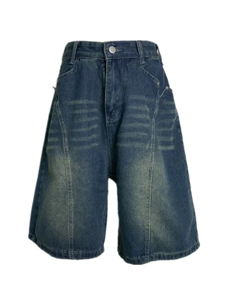 Wenkouban Women's Fashion Baggy Blue Denim Shorts Vintage Street Style Wide Leg Capris Female High Waist Straight Kenn-length Jeans
