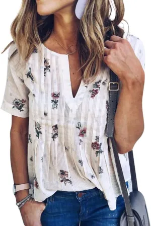 WLLW Women Bohemian Short Sleeve V Neck Floral Print T Shirt Babydoll Shirt Blouse Tunic Top