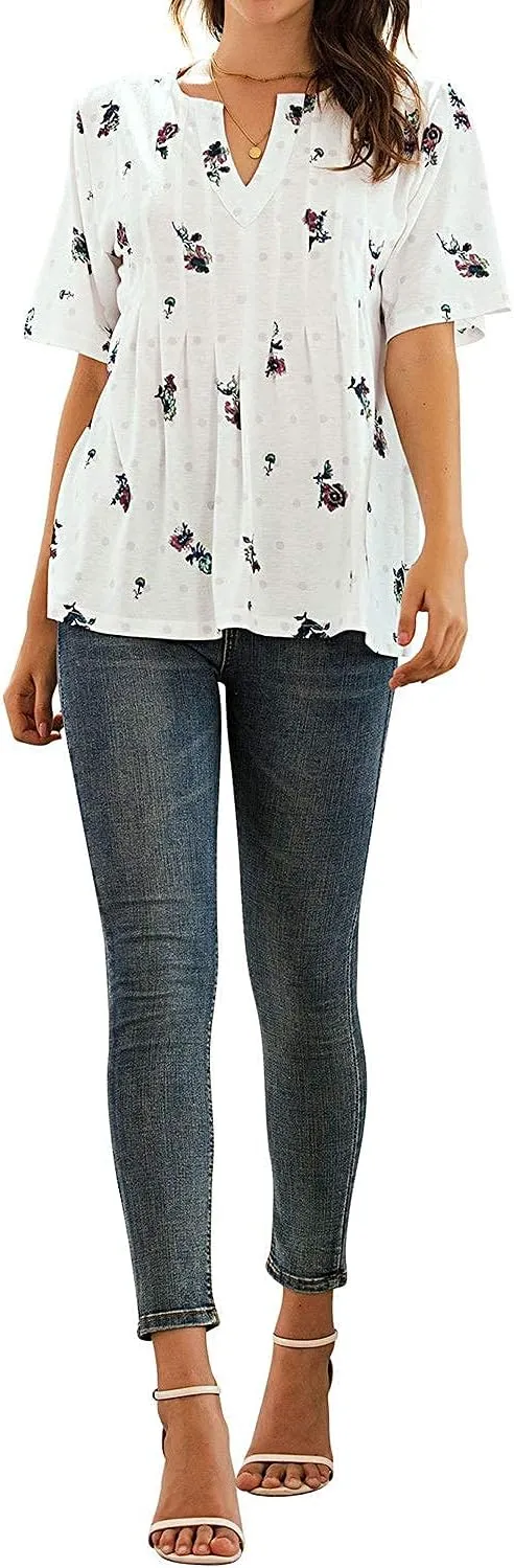 WLLW Women Bohemian Short Sleeve V Neck Floral Print T Shirt Babydoll Shirt Blouse Tunic Top