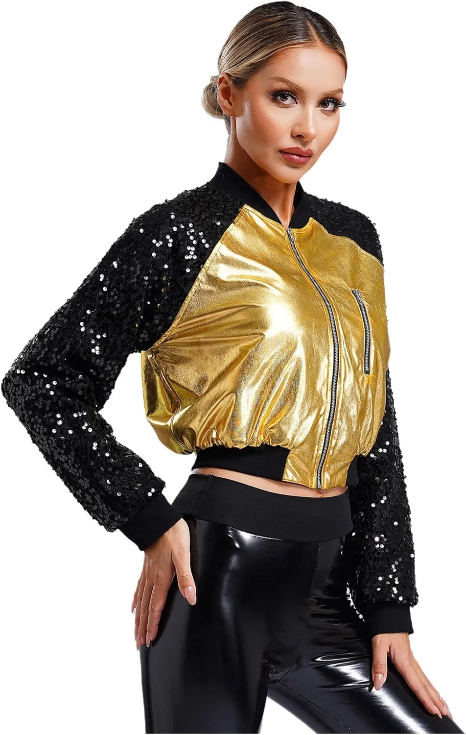 Women Shiny Metallic Bomber Jacket Holographic Glitter Zipper Jackets Coat Rave Party Outerwear