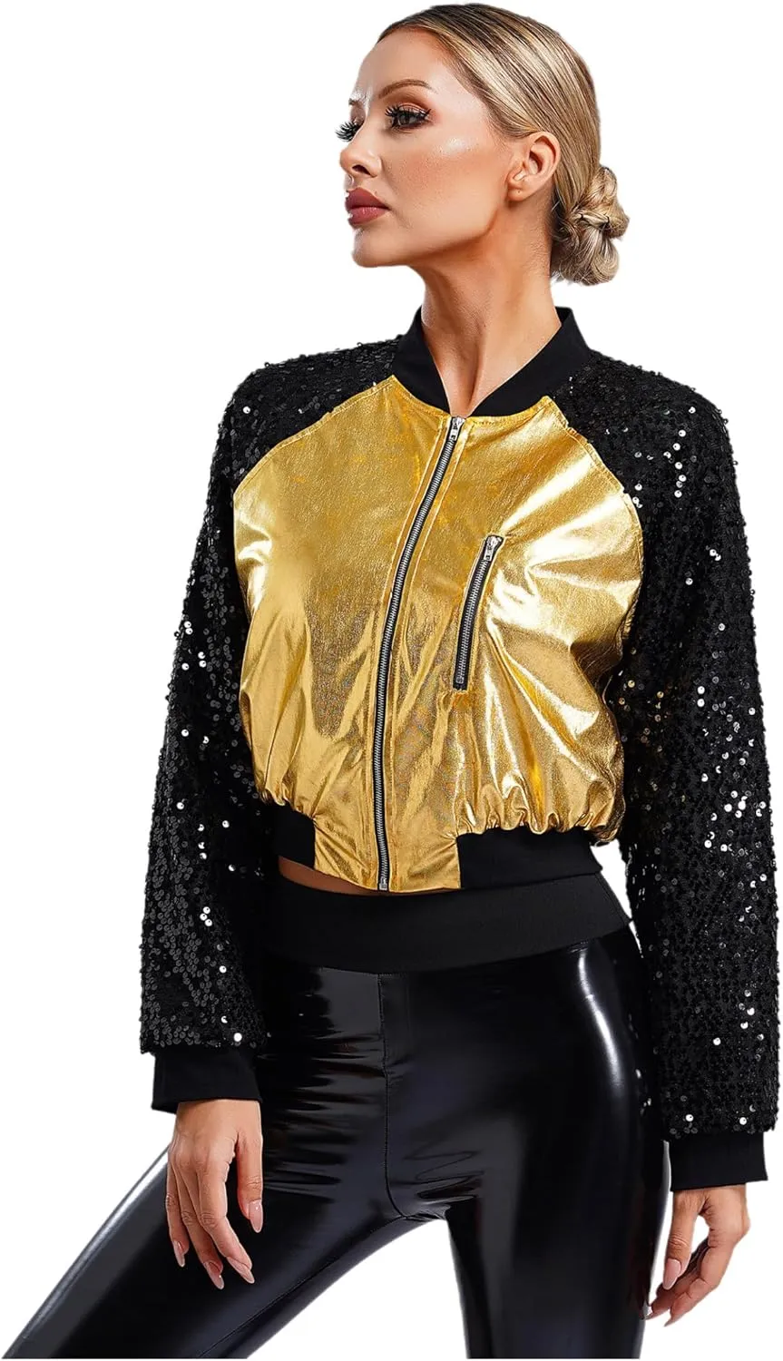 Women Shiny Metallic Bomber Jacket Holographic Glitter Zipper Jackets Coat Rave Party Outerwear