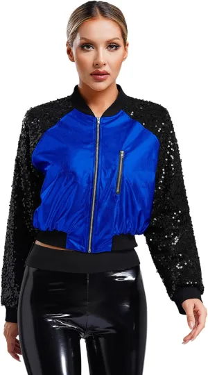 Women Shiny Metallic Bomber Jacket Holographic Glitter Zipper Jackets Coat Rave Party Outerwear