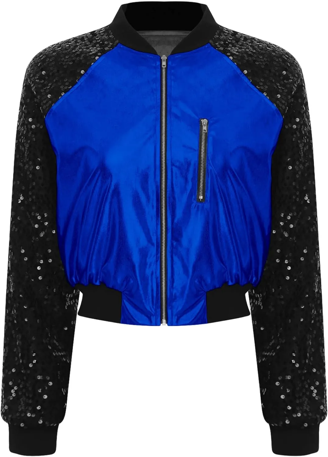 Women Shiny Metallic Bomber Jacket Holographic Glitter Zipper Jackets Coat Rave Party Outerwear