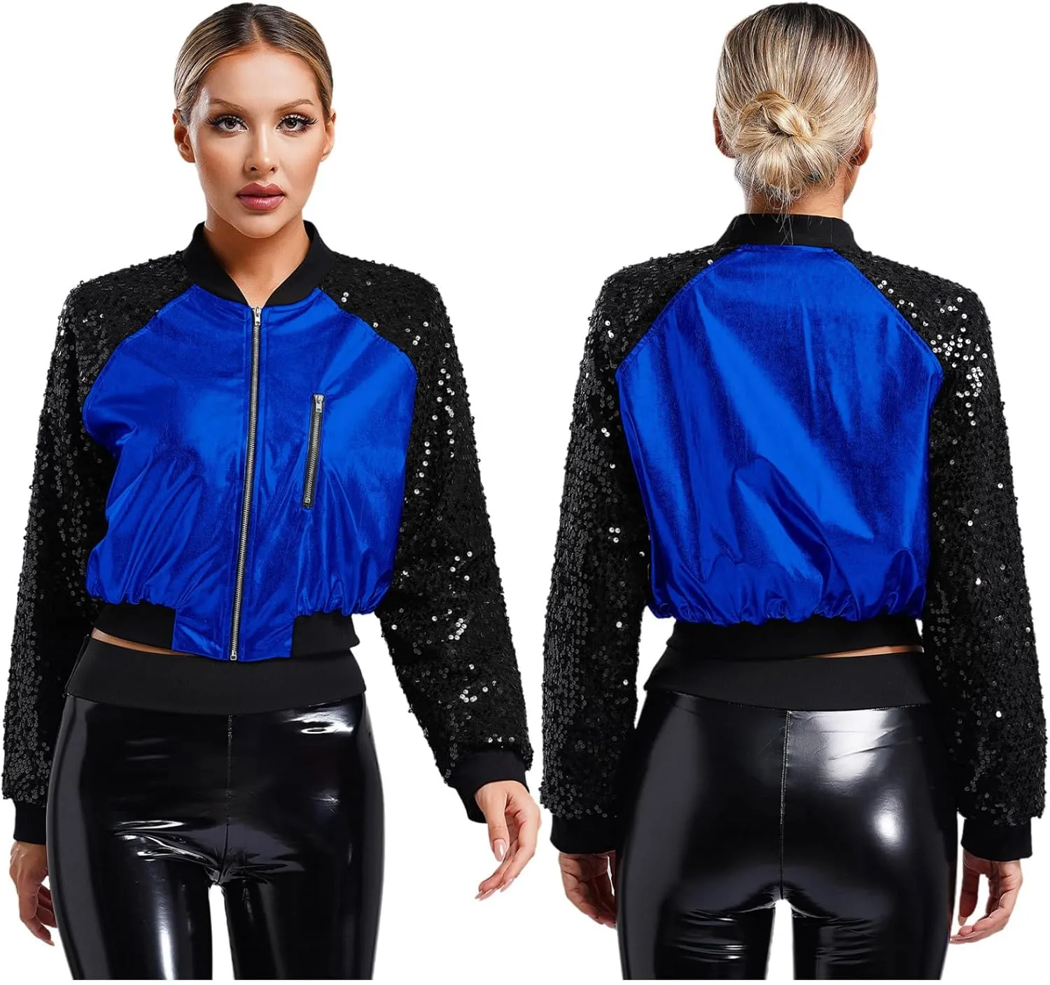 Women Shiny Metallic Bomber Jacket Holographic Glitter Zipper Jackets Coat Rave Party Outerwear
