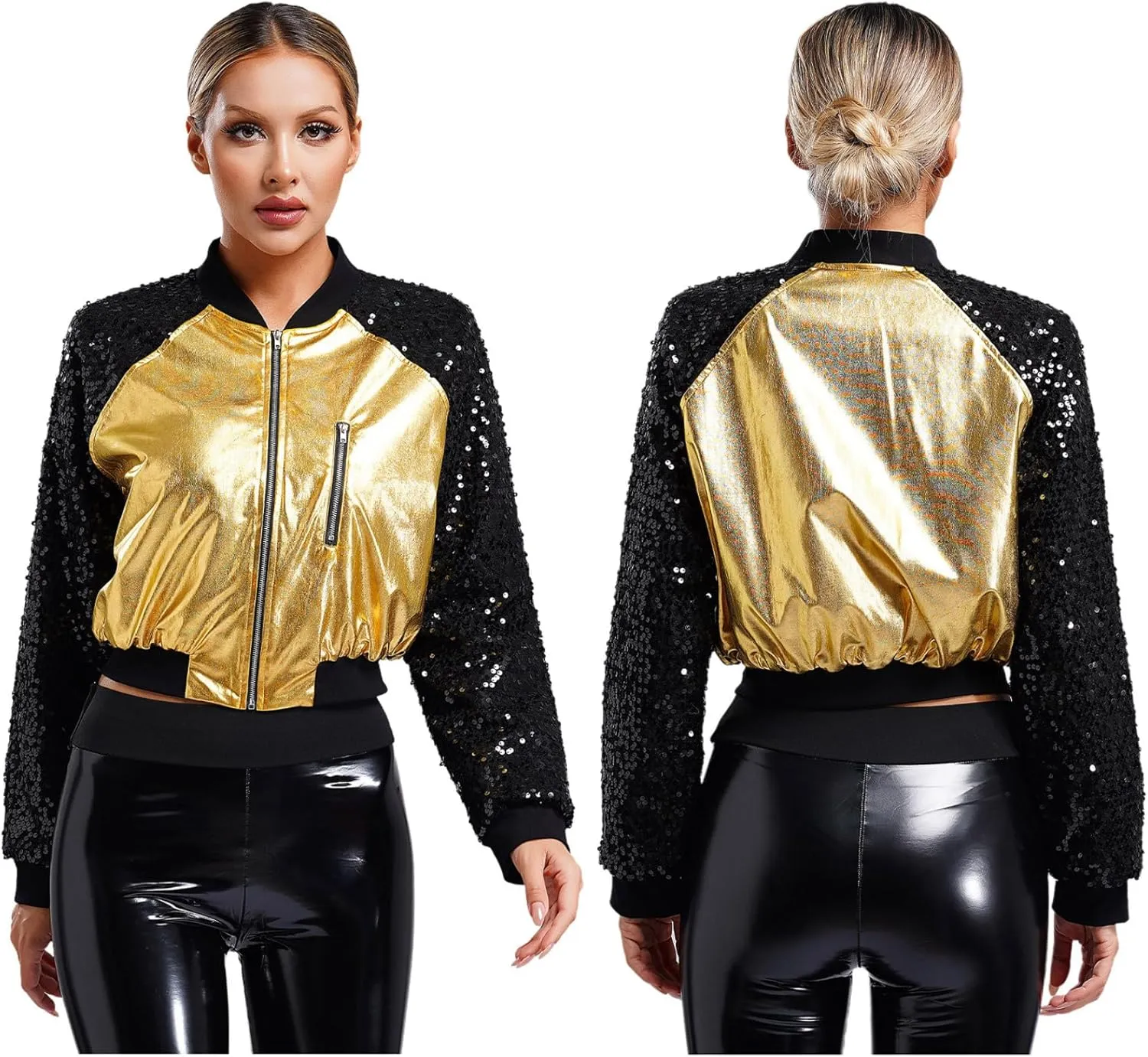 Women Shiny Metallic Bomber Jacket Holographic Glitter Zipper Jackets Coat Rave Party Outerwear