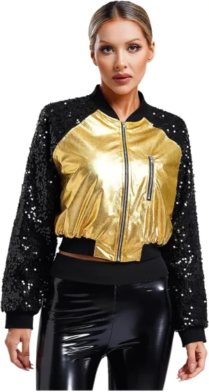 Women Shiny Metallic Bomber Jacket Holographic Glitter Zipper Jackets Coat Rave Party Outerwear
