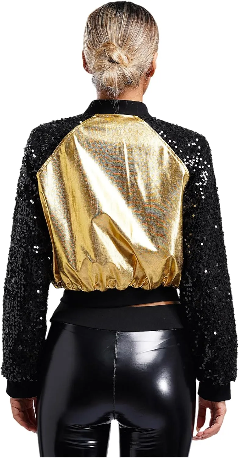 Women Shiny Metallic Bomber Jacket Holographic Glitter Zipper Jackets Coat Rave Party Outerwear