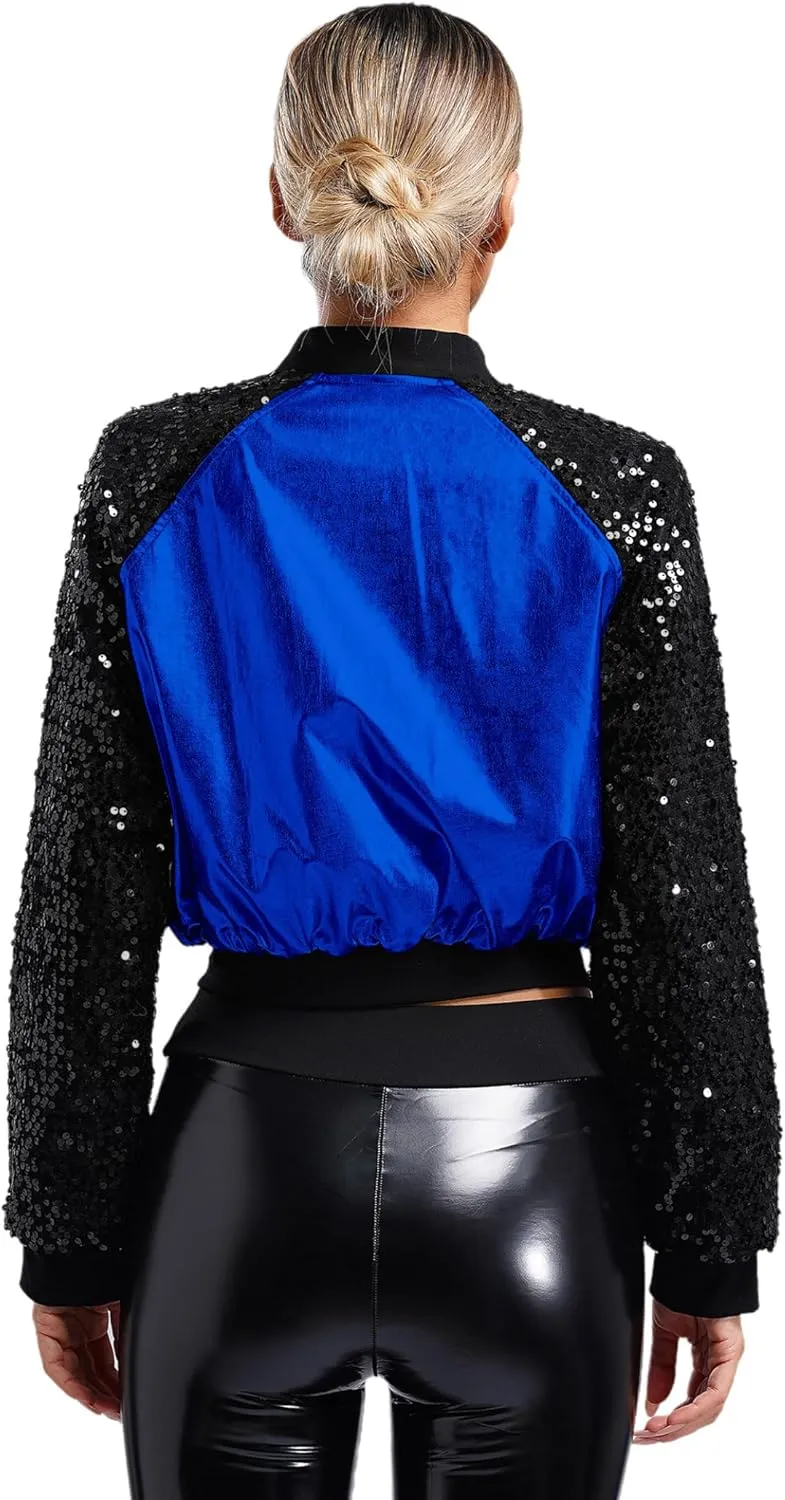 Women Shiny Metallic Bomber Jacket Holographic Glitter Zipper Jackets Coat Rave Party Outerwear