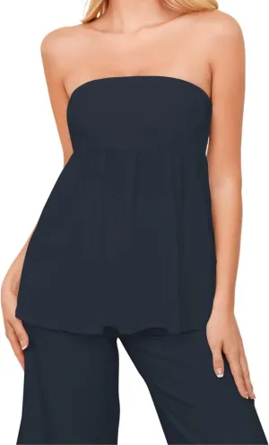 Women Strapless Bandeau Tube Top Smocked Back Sleeveless Strapless Peplum Tops Flowy Ruffle Hem Solid Sexy Going Out Tanks