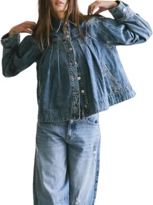Womens Cropped Denim Jacket Long Sleeve Collared Button Down Pleated Jean Jckets with Pockets