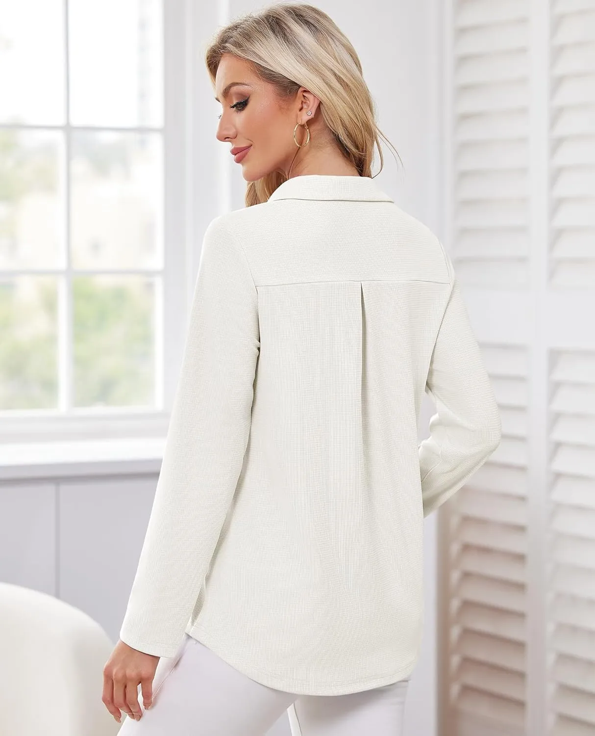 Women's Polo Shirts Collared V Neck Work Tops Long Sleeve Business Casual Dressy Blouses Textured Ribbed Tunic