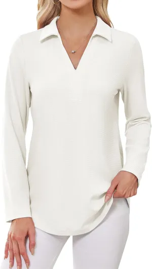 Women's Polo Shirts Collared V Neck Work Tops Long Sleeve Business Casual Dressy Blouses Textured Ribbed Tunic