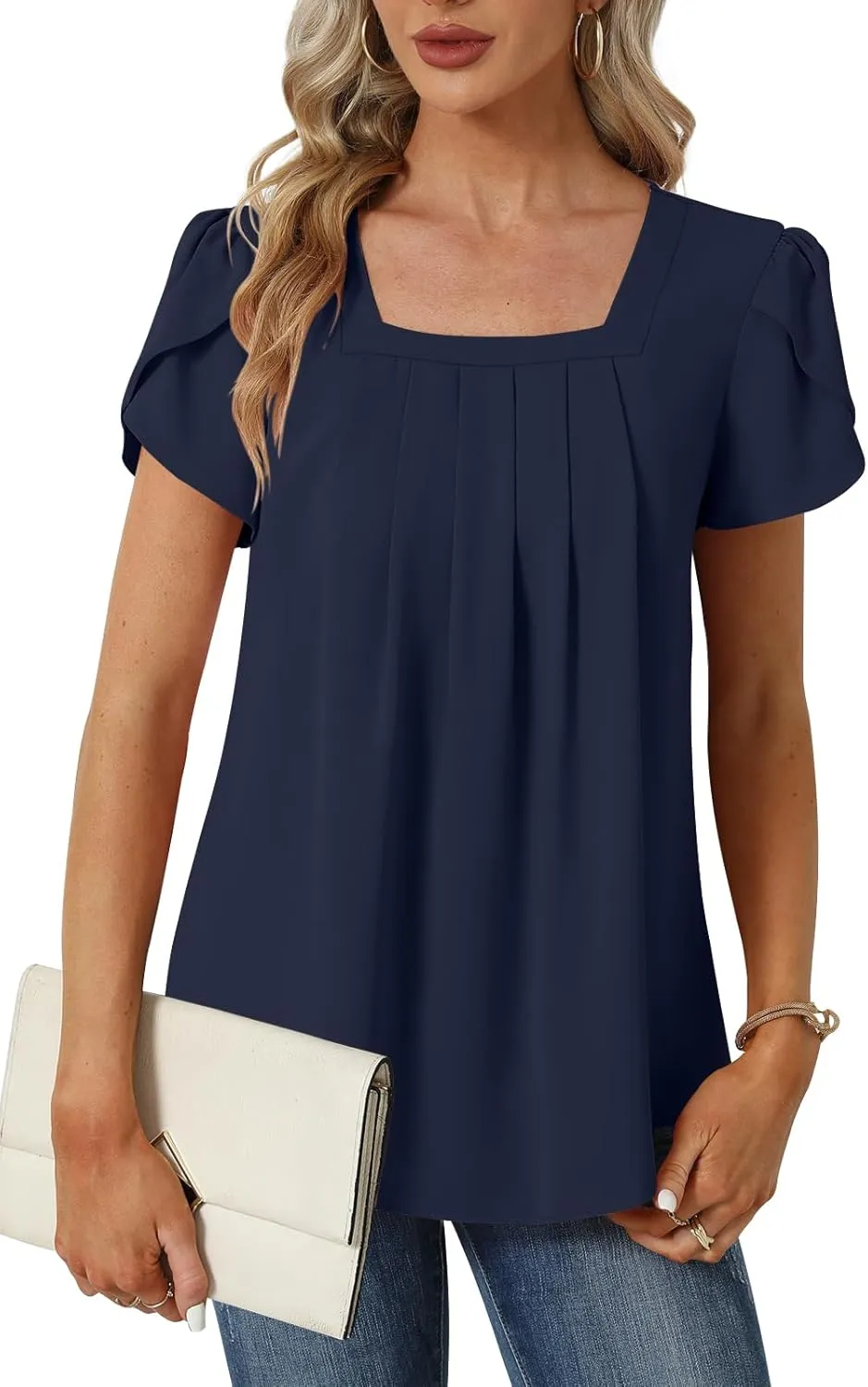 Womens Summer Tunic Tops Pleated Square Neck T Shirts Casual Petal Short Sleeve Blouses