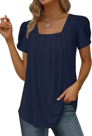 Womens Summer Tunic Tops Pleated Square Neck T Shirts Casual Petal Short Sleeve Blouses