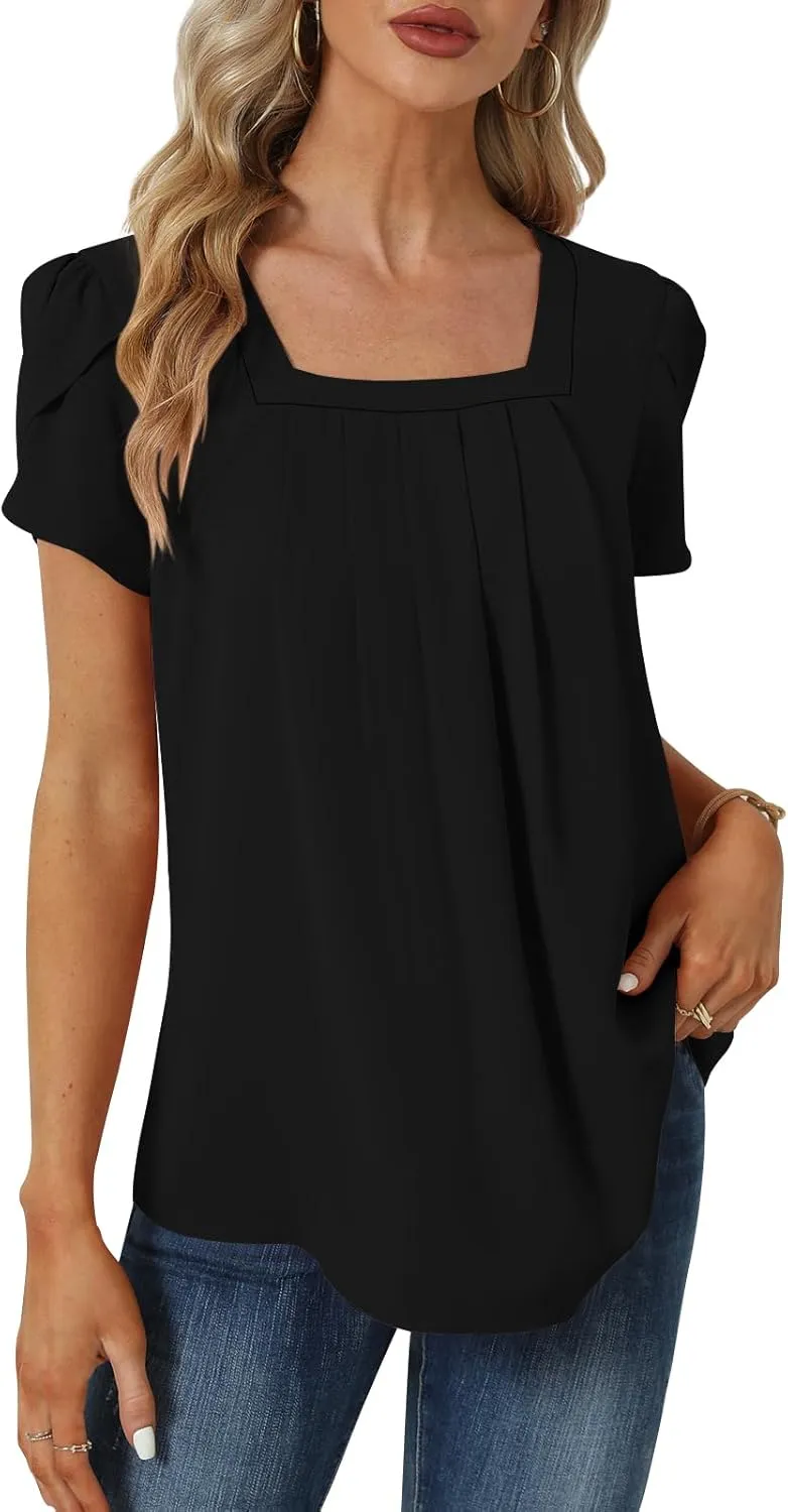 Womens Summer Tunic Tops Pleated Square Neck T Shirts Casual Petal Short Sleeve Blouses
