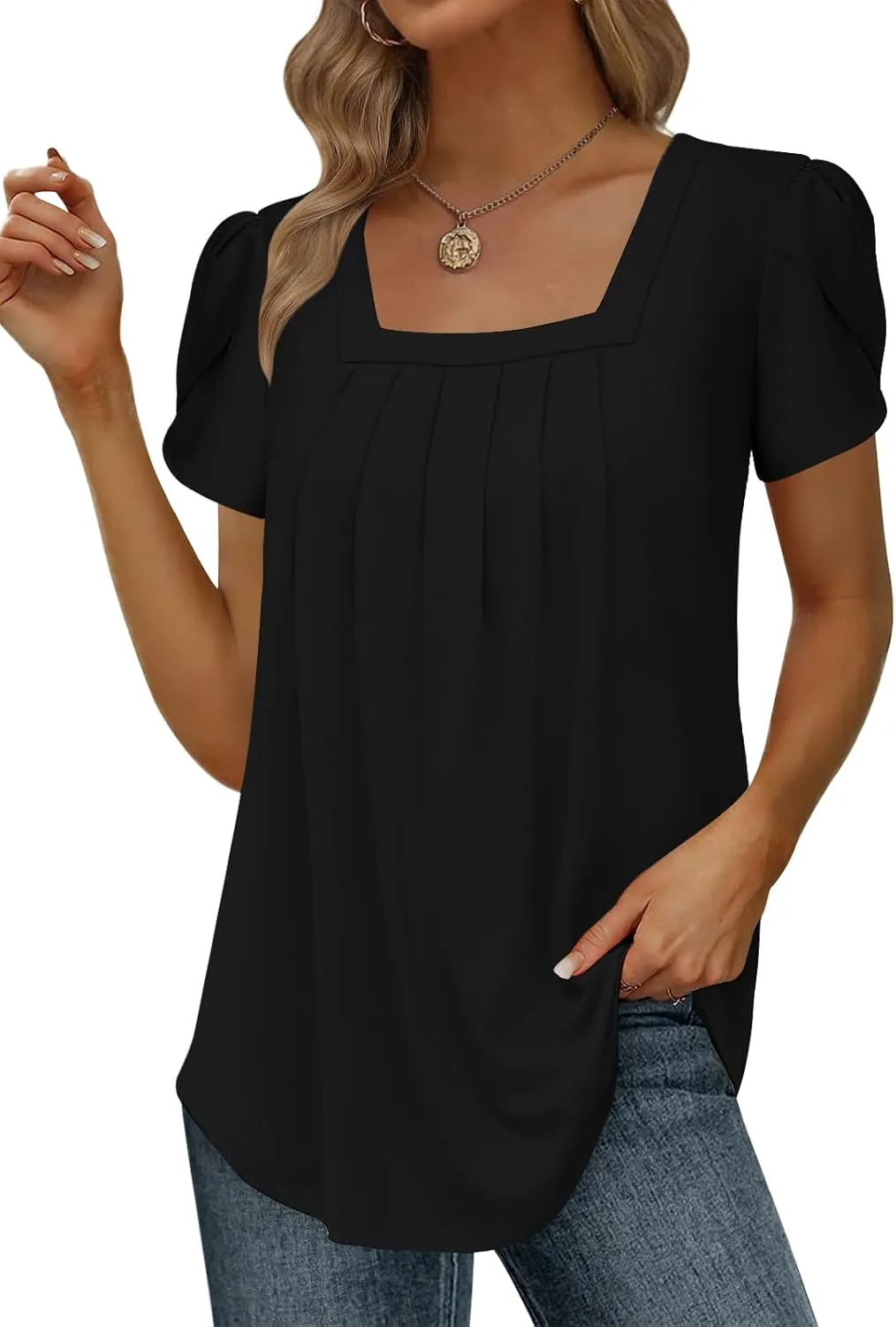 Womens Summer Tunic Tops Pleated Square Neck T Shirts Casual Petal Short Sleeve Blouses