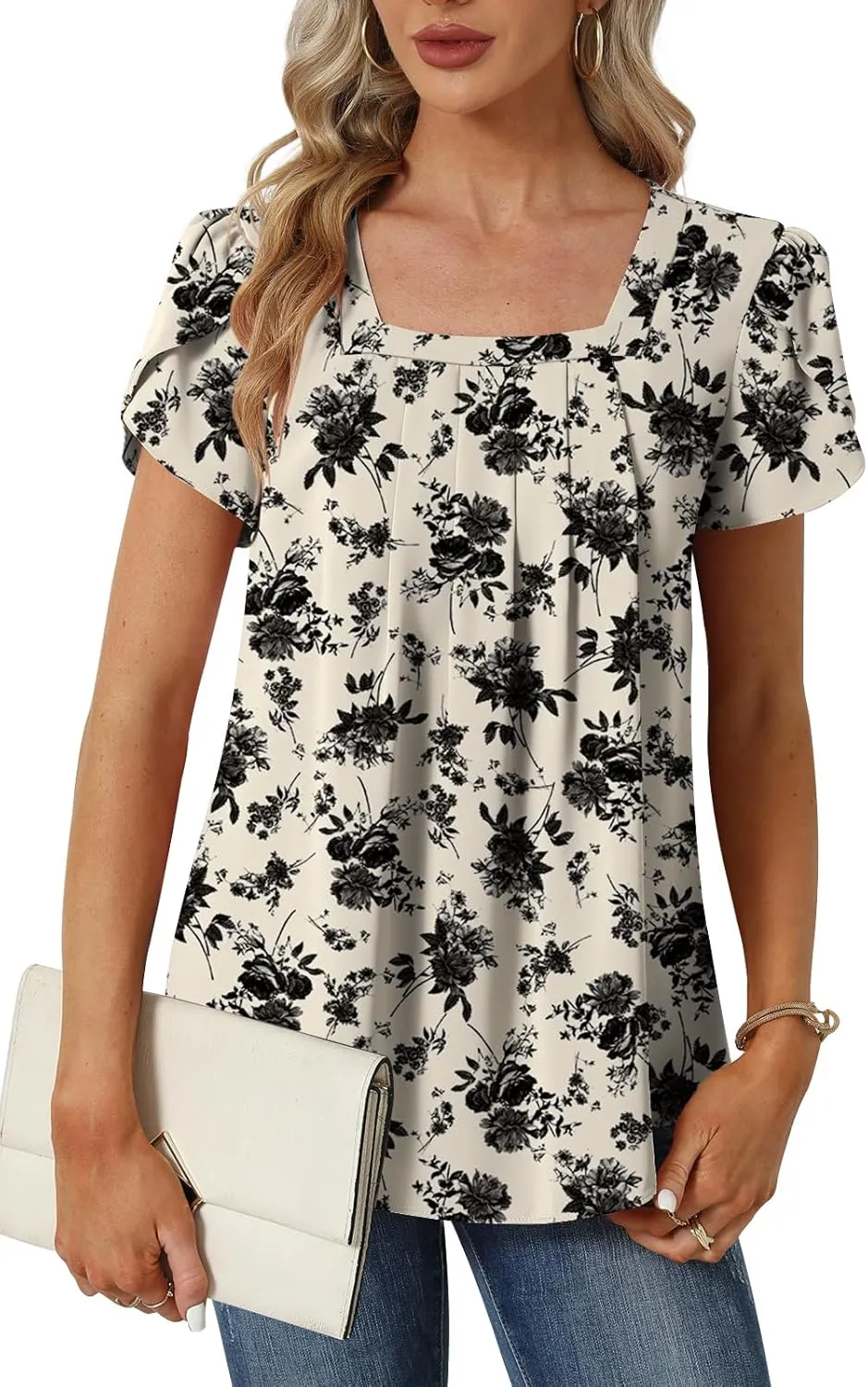 Womens Summer Tunic Tops Pleated Square Neck T Shirts Casual Petal Short Sleeve Blouses