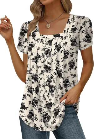 Womens Summer Tunic Tops Pleated Square Neck T Shirts Casual Petal Short Sleeve Blouses