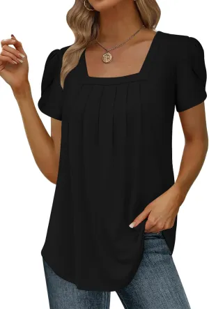 Womens Summer Tunic Tops Pleated Square Neck T Shirts Casual Petal Short Sleeve Blouses