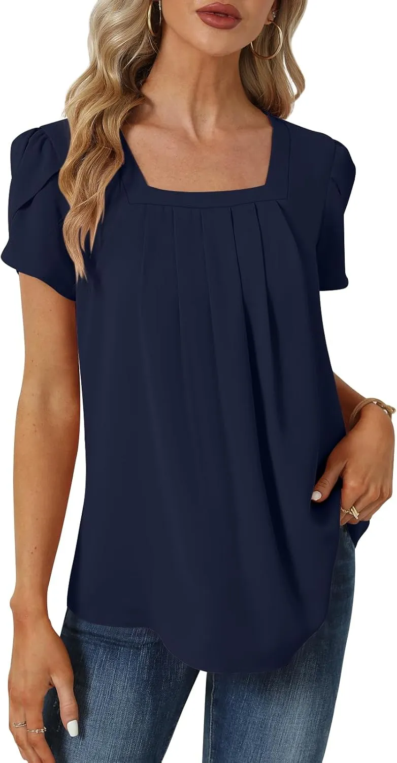 Womens Summer Tunic Tops Pleated Square Neck T Shirts Casual Petal Short Sleeve Blouses
