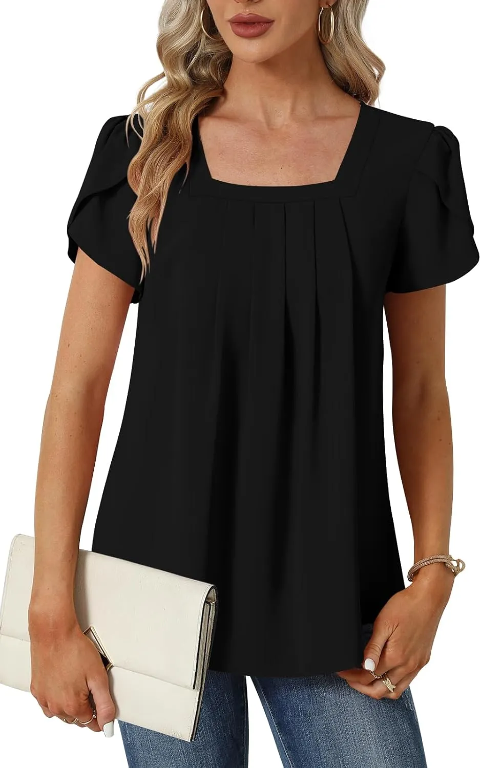 Womens Summer Tunic Tops Pleated Square Neck T Shirts Casual Petal Short Sleeve Blouses