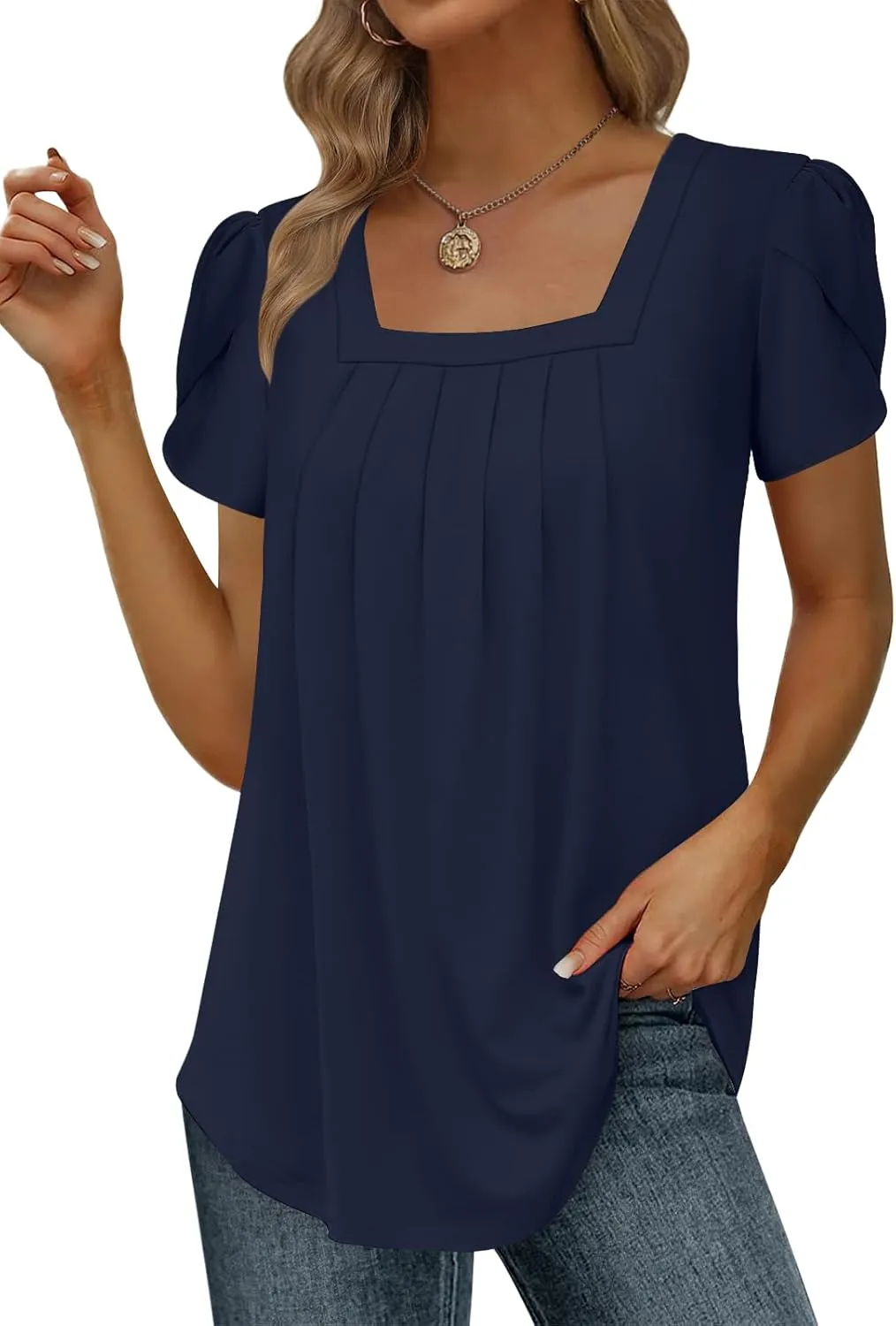 Womens Summer Tunic Tops Pleated Square Neck T Shirts Casual Petal Short Sleeve Blouses