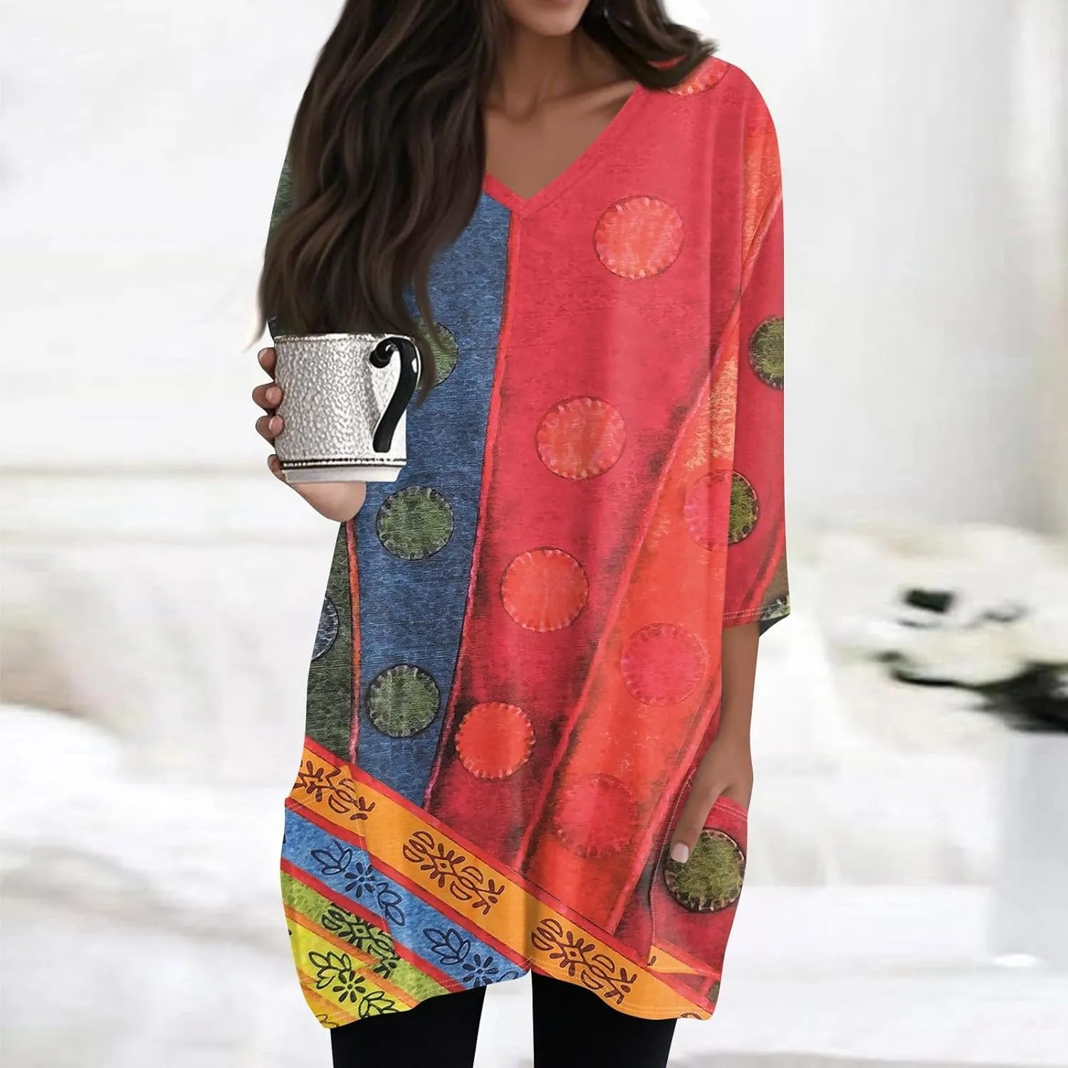 Womens Tunics To Wear With Leggings Summer 3/4 Length Sleeve V Neck Tshirts With Pockets Long Blouses Dressy Casual