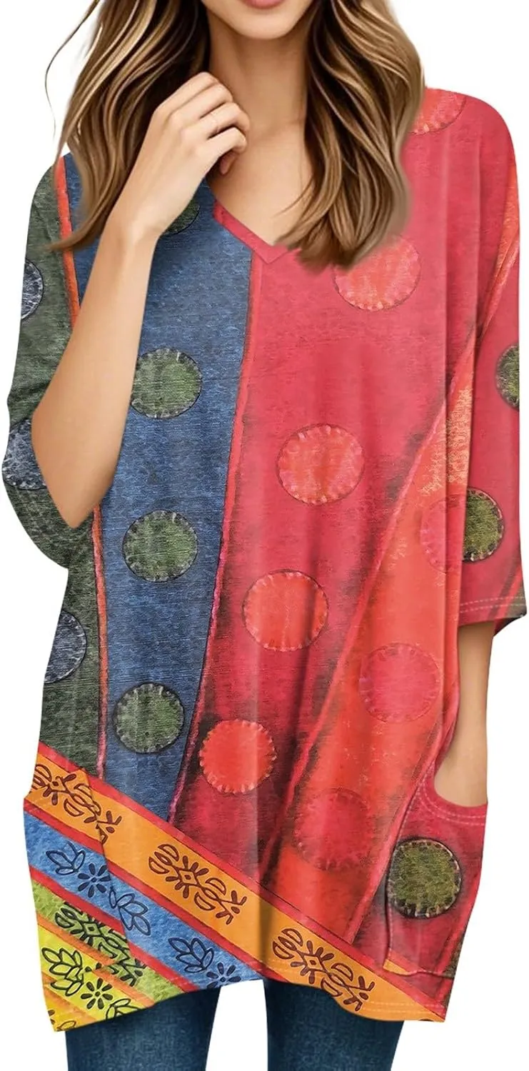 Womens Tunics To Wear With Leggings Summer 3/4 Length Sleeve V Neck Tshirts With Pockets Long Blouses Dressy Casual