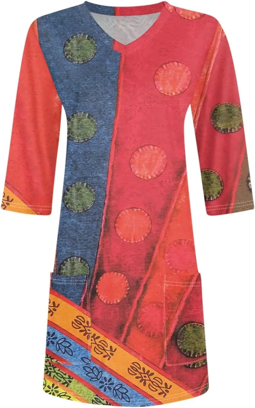 Womens Tunics To Wear With Leggings Summer 3/4 Length Sleeve V Neck Tshirts With Pockets Long Blouses Dressy Casual