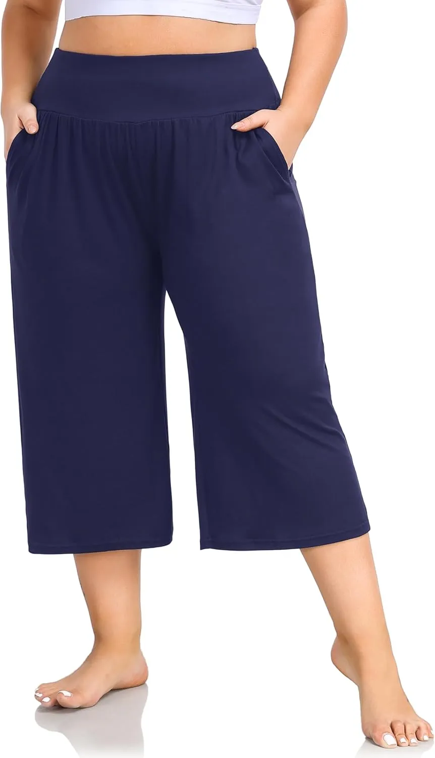 ZERDOCEAN Women's Plus Size Wide Leg Capris High Waist Yoga Pants Casual Loose Lounge Pants with Pockets
